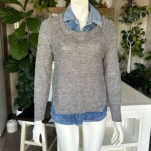 Warehouse one grey knit and blue denim one piece shirt sweater size med